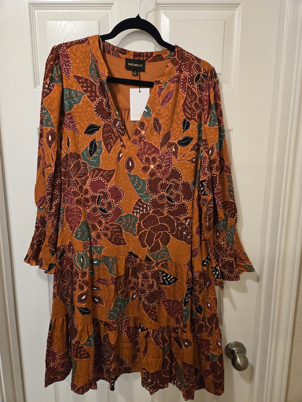 Sugarlips Rust Orange Floral Midi Dress with Green and Burgundy Accents